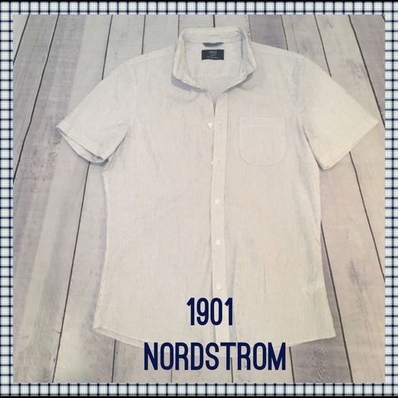 1901 Other - 1901, Men’s Casual Short-sleeve Button Down in White & Blue Textured Stripes